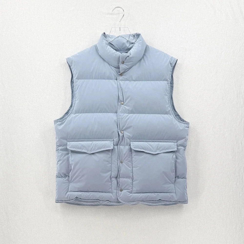 ZARA 100% Down Mens Puffer Vest Light Blue Quilted Snap Button Winter Cozy